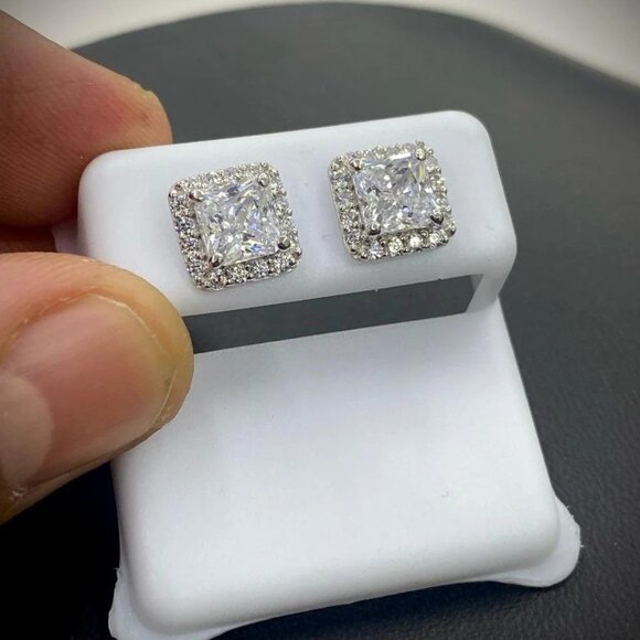 14K White Gold CZ Square Stud Earrings Baguette Push Back for Womens - Picture 6 of 6